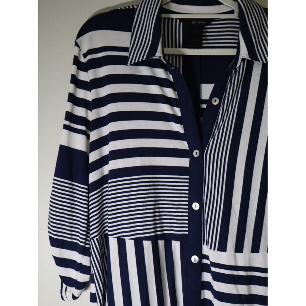 Coastal Nautical Ali Miles Tunic Top S Navy White Striped Colorblock Button Down - Picture 2 of 8